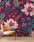 Papier peint fleuri - pivoines rétro pourpres
