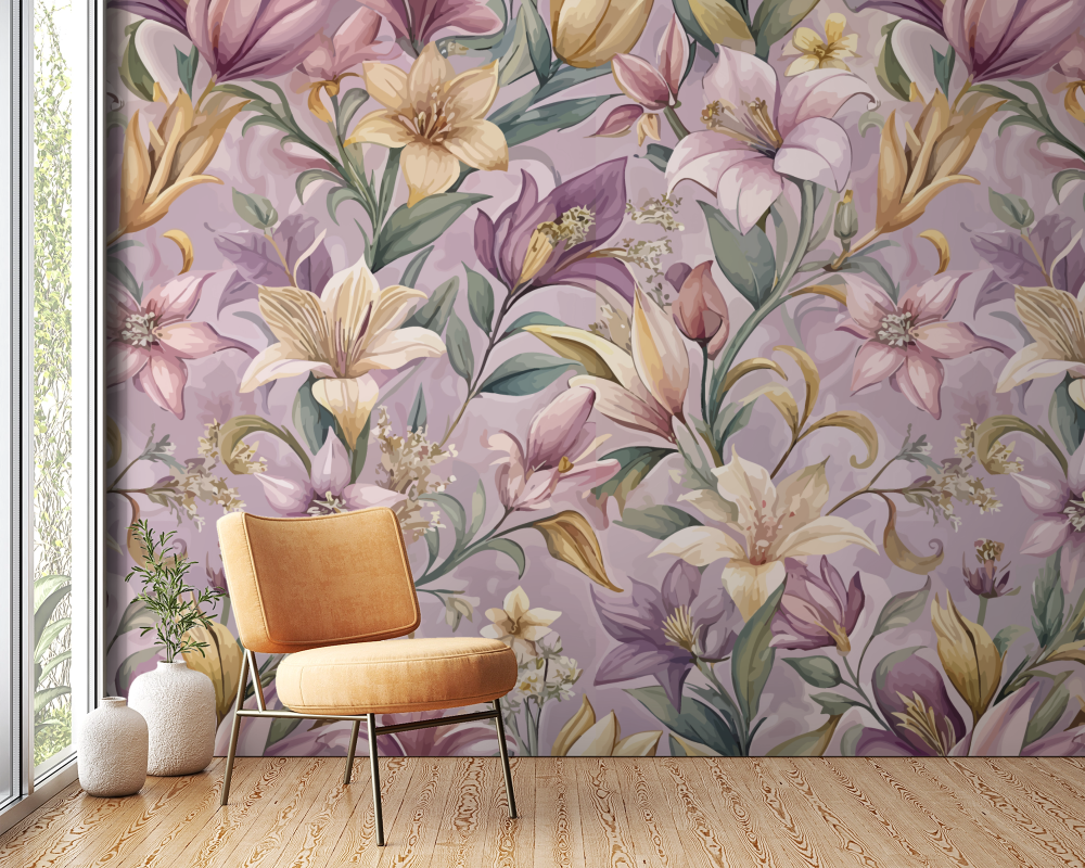Papier peint fleuri - lys rétro mauves