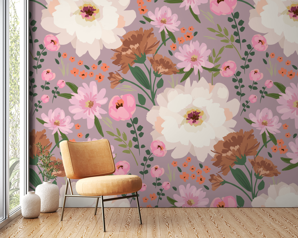 Papier peint fleuri - pivoines lilas vintage