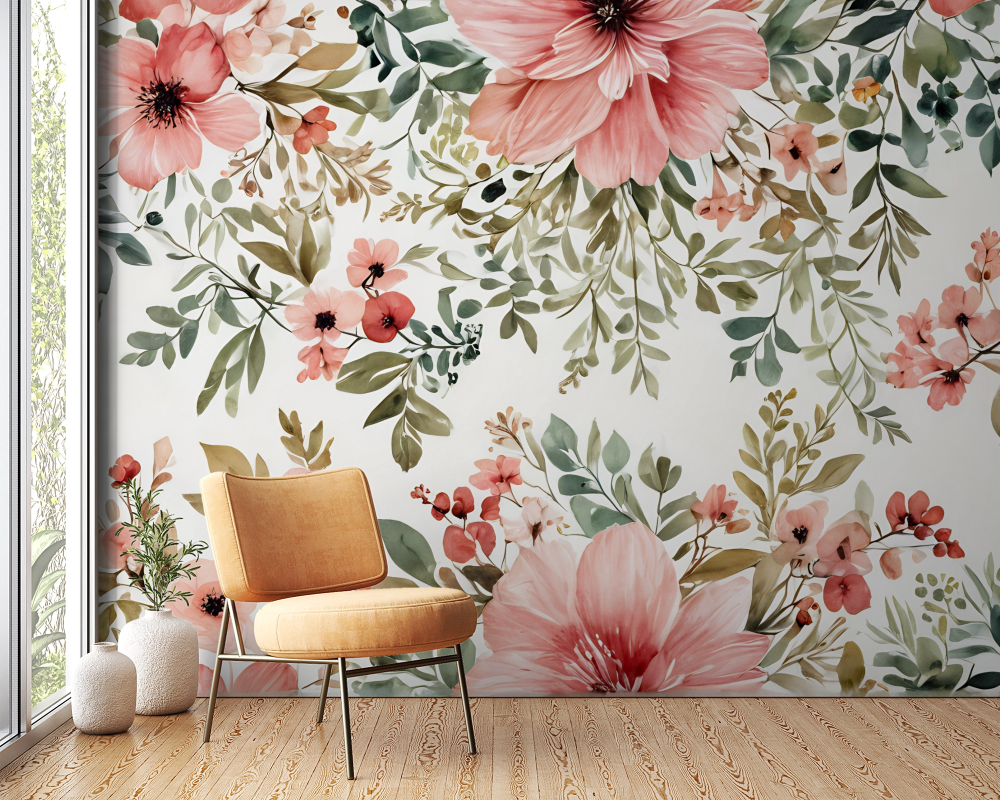 Papier peint fleuri - roses sauvages champêtres