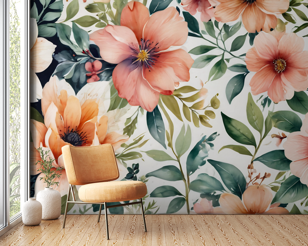 Papier peint fleuri - pivoines orange rétro