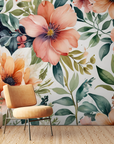 Papier peint fleuri - pivoines orange rétro