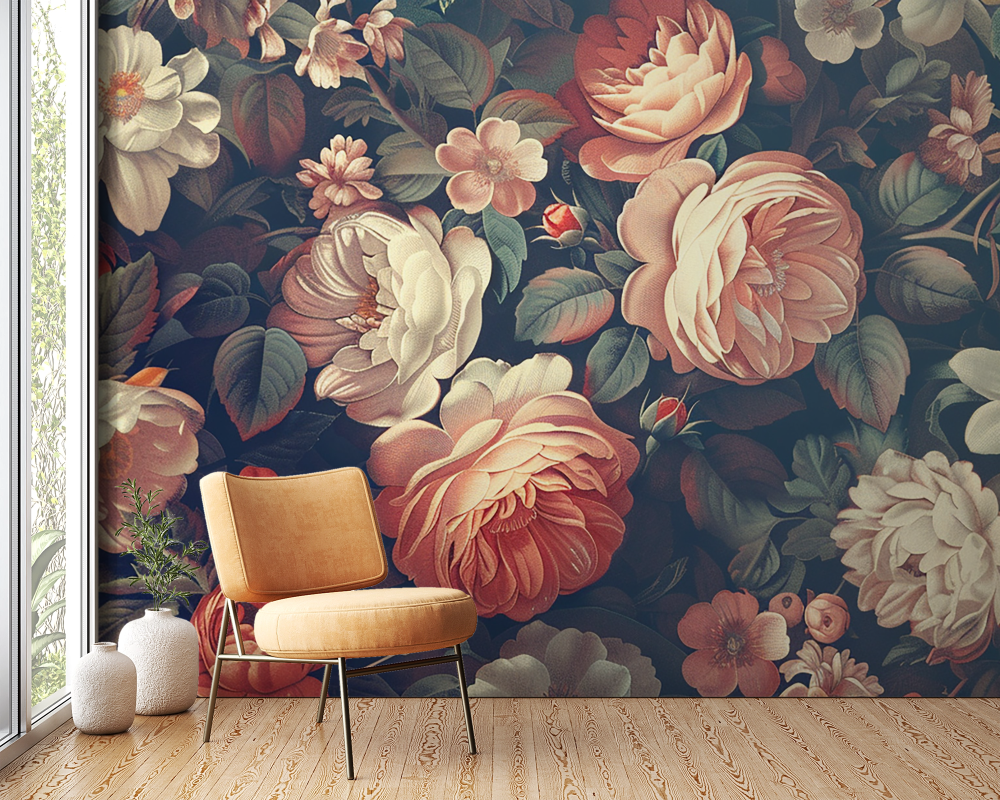Papier peint fleuri - roses baroques sombres