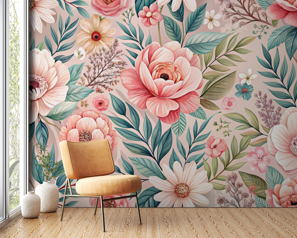 Papier peint fleuri - pivoines roses romantiques