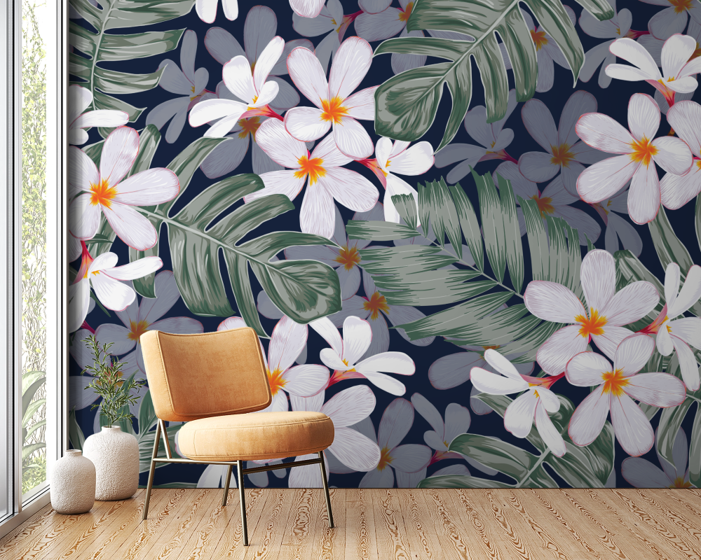 Papier peint fleuri - marguerites fond sombre