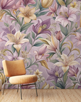 Papier peint fleuri - lys rétro mauves
