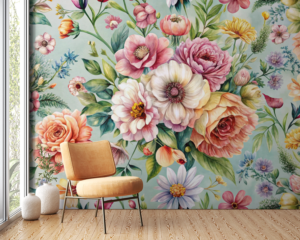 Papier peint fleuri - bouquet d'antan coloré