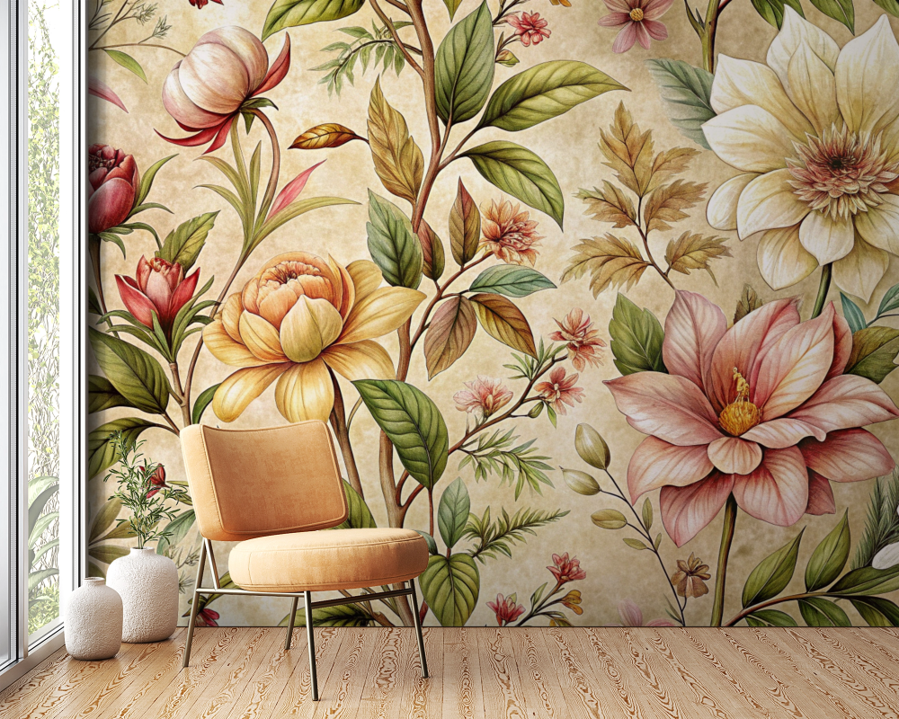 Papier peint fleuri - pivoines classiques dorées