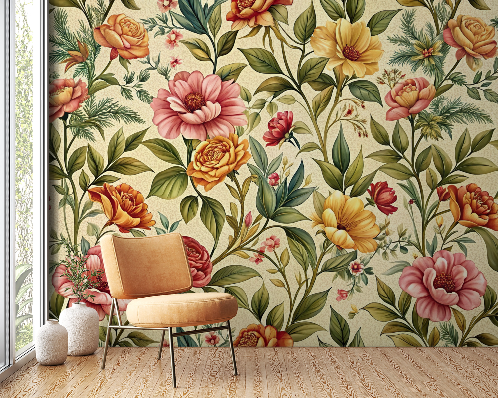 Papier peint fleuri - tapisserie vintage ocre