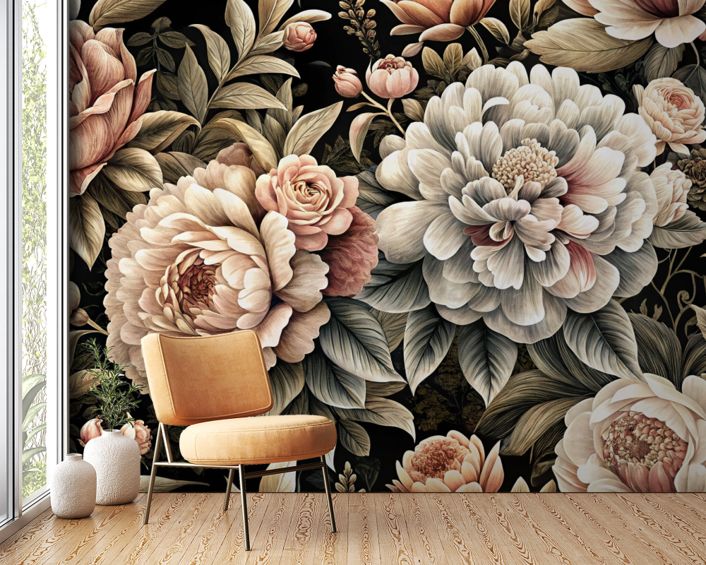 Papier peint fleuri - pivoines d'antan crème