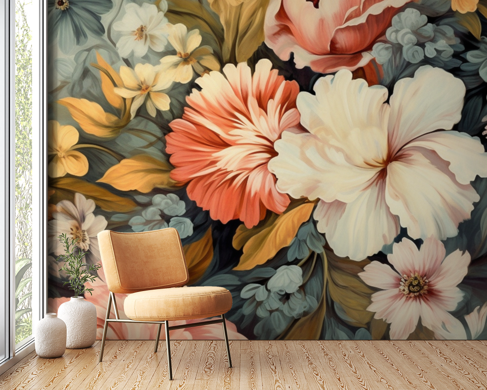 Papier peint fleuri - pivoines d'antan colorées