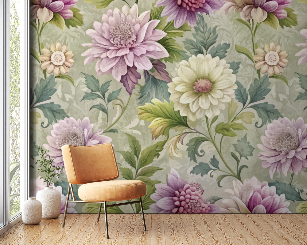 Papier peint fleuri - tapisserie pivoines lilas