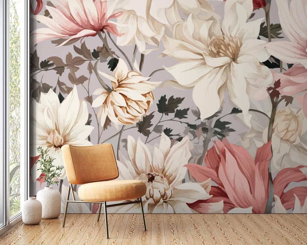 Papier peint fleuri - pivoines rétro d'automne