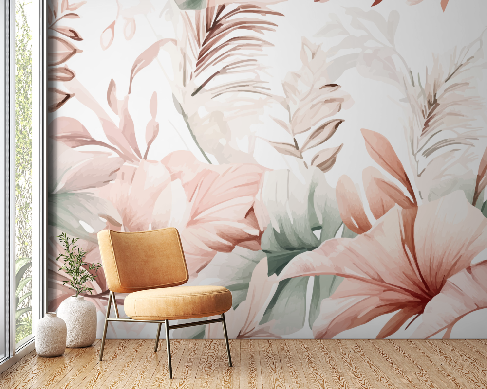 Papier peint fleuri - feuillage tropical pastel
