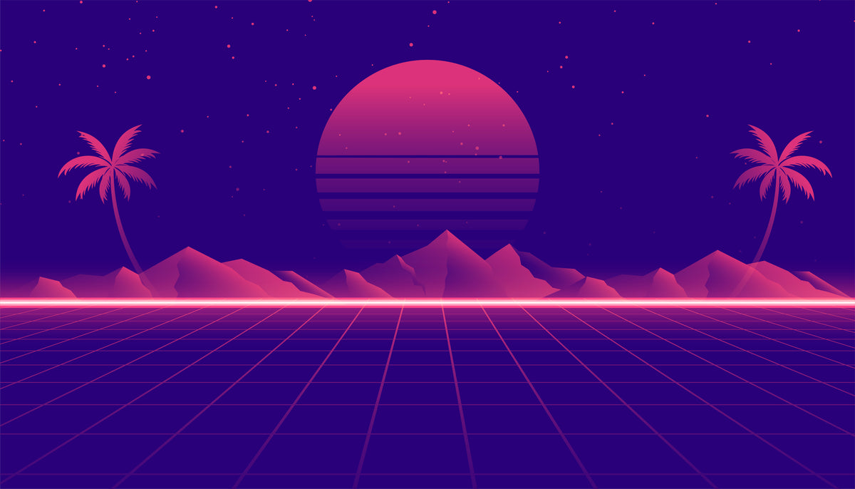 Retro-Tapete - Palmen und rosa Sonne auf violettem Grund