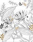 Papier Peint Design - Feuillage Noir Blanc Et Doré