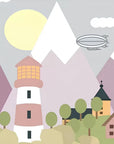 Papier Peint Enfant - Village Et Montagnes Roses