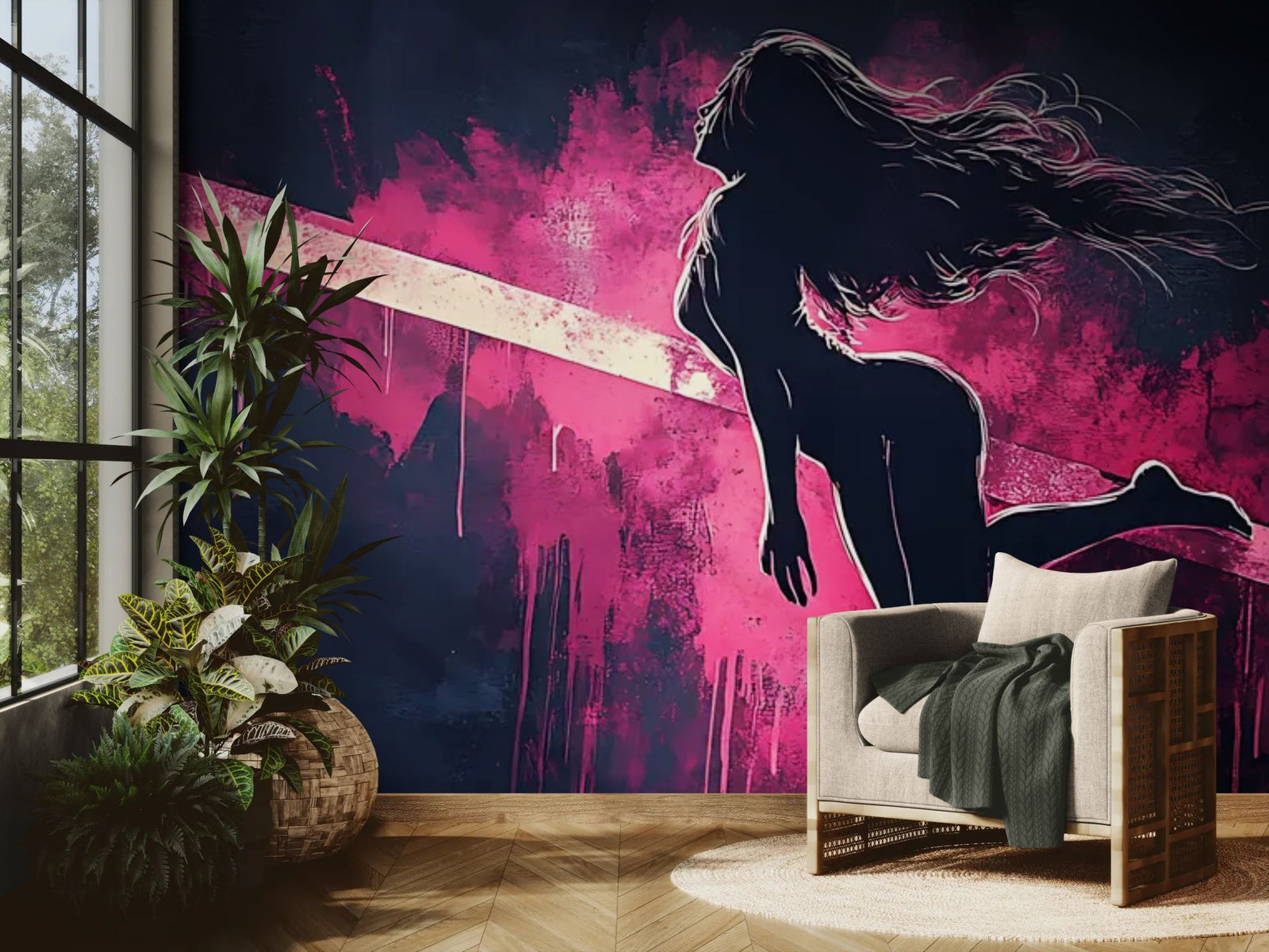 Papier Peint Pop Art - Silhouette Rose Néon