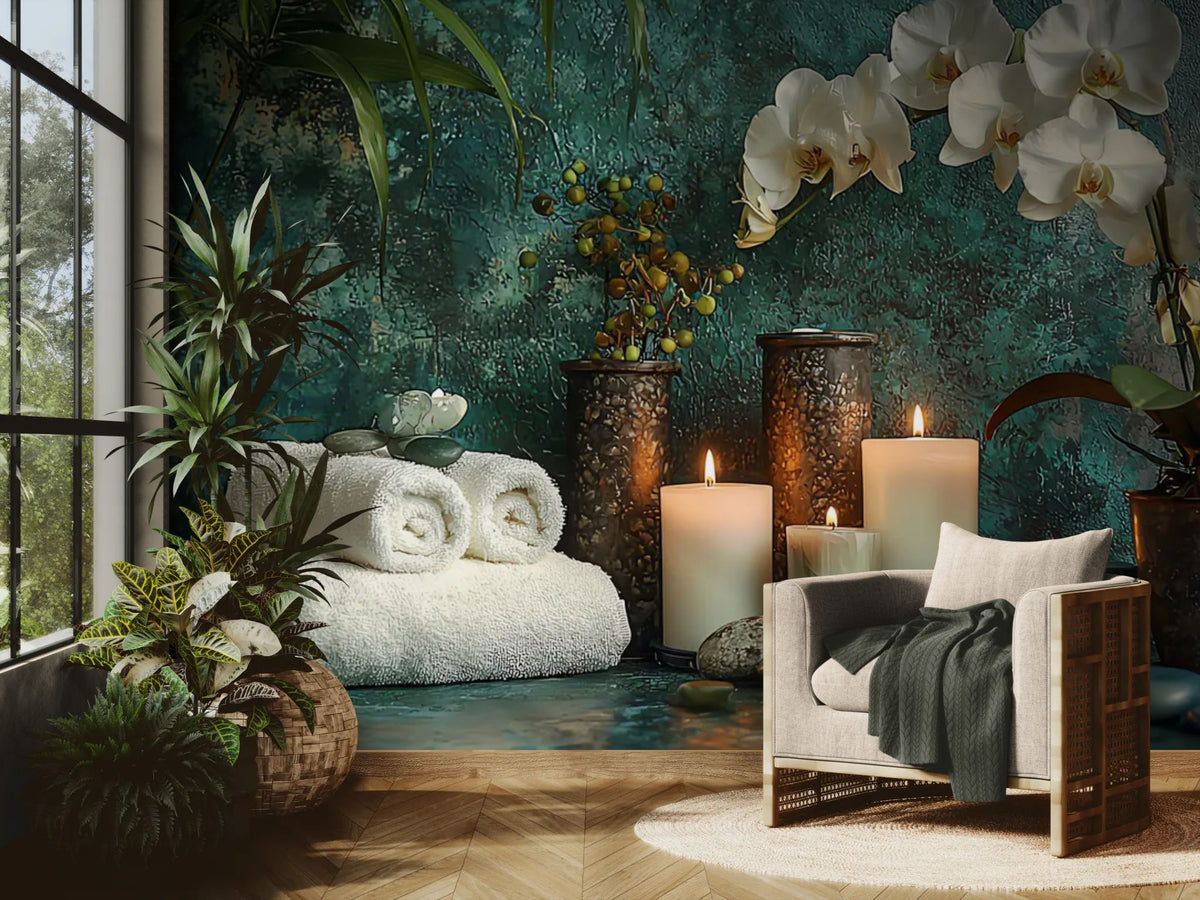 Tapeta promująca dobrostan – zen spa z orchideami