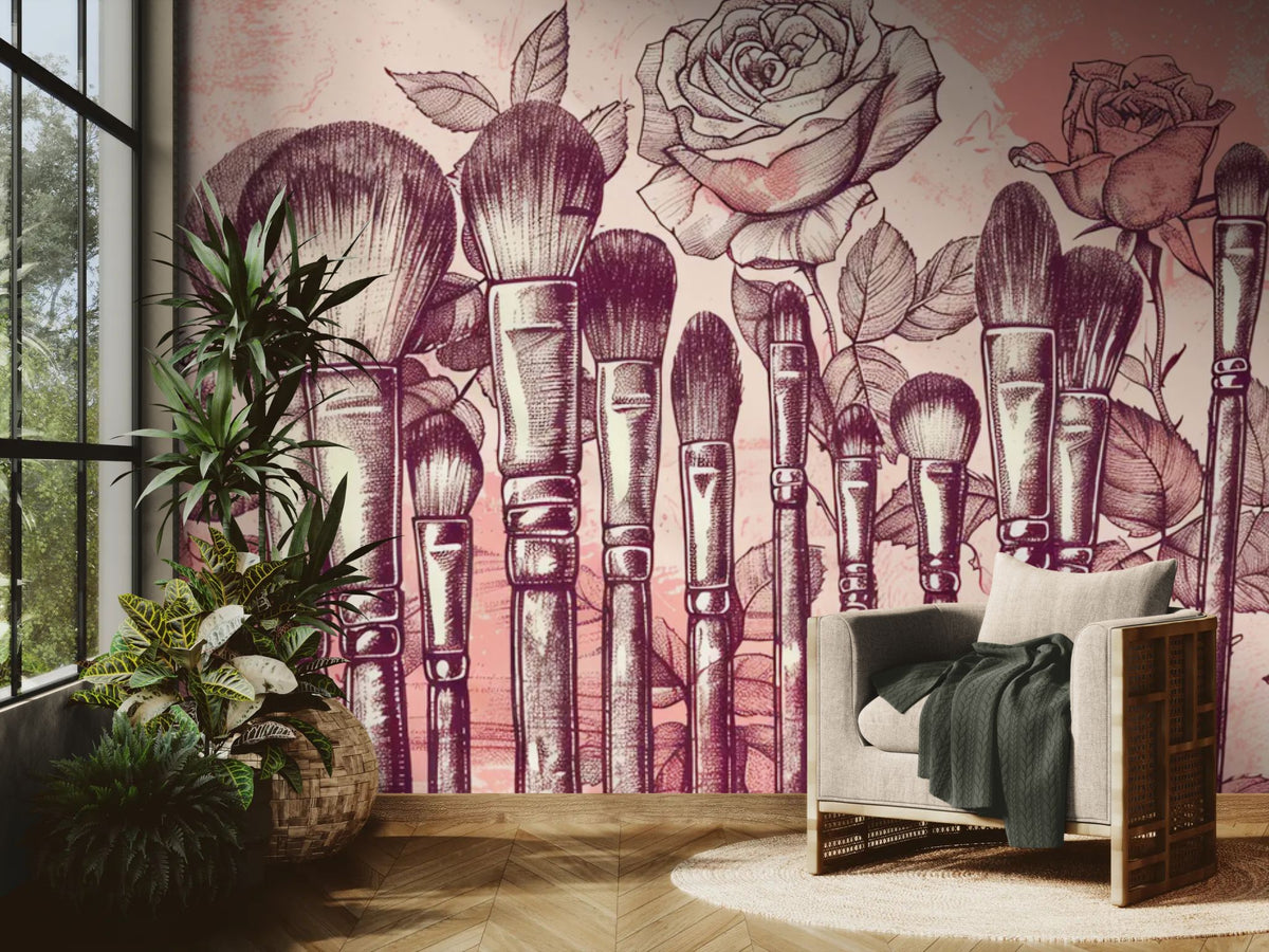 Papier peint beauté - Pinceaux de maquillage et roses dessinés