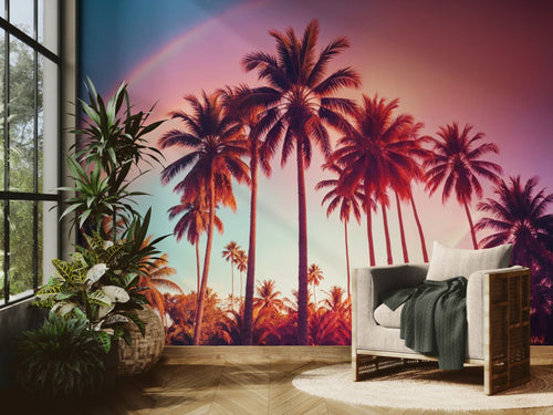 Papier peint Tropical – palmiers au coucher rose