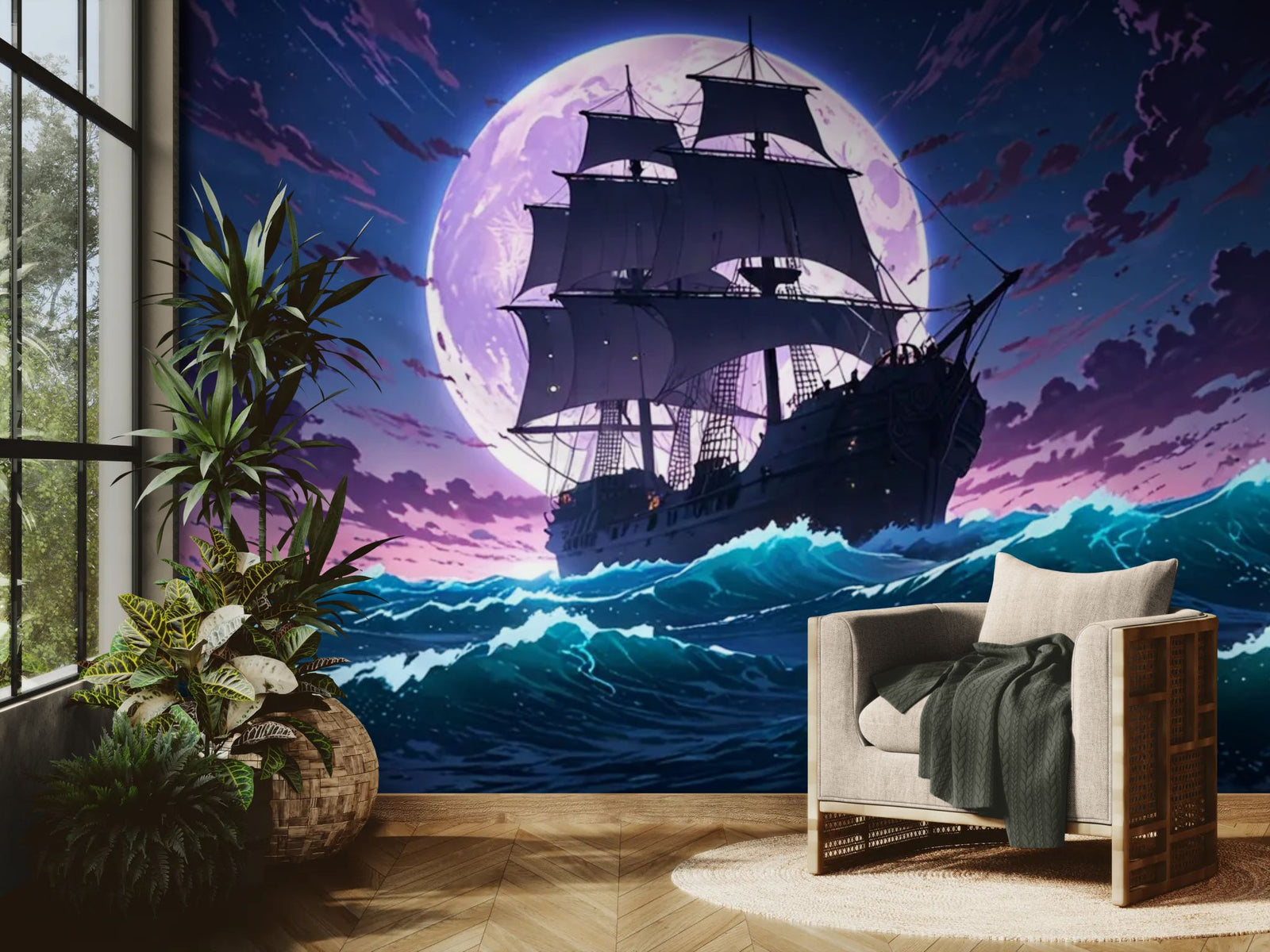 Papier peint Fantaisie – navire sous lune violette