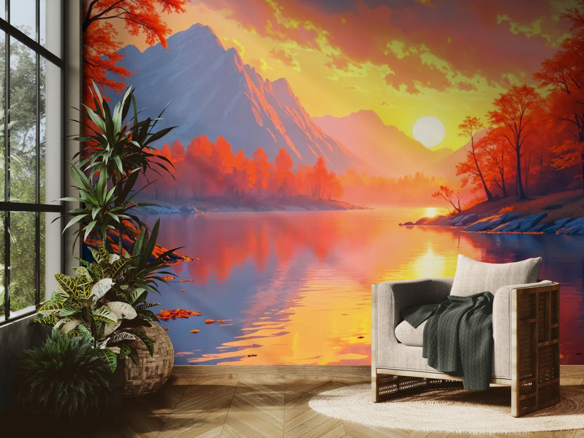 Behang met landschap - Herfstmeer bij zonsondergang