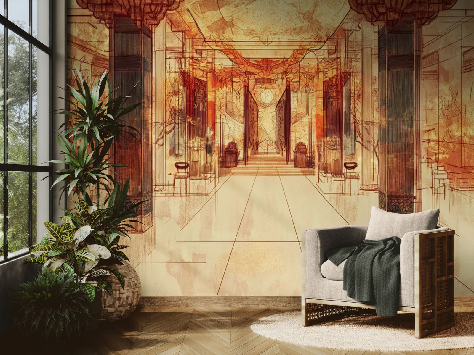 Architecture wallpaper – antique hall with golden columns