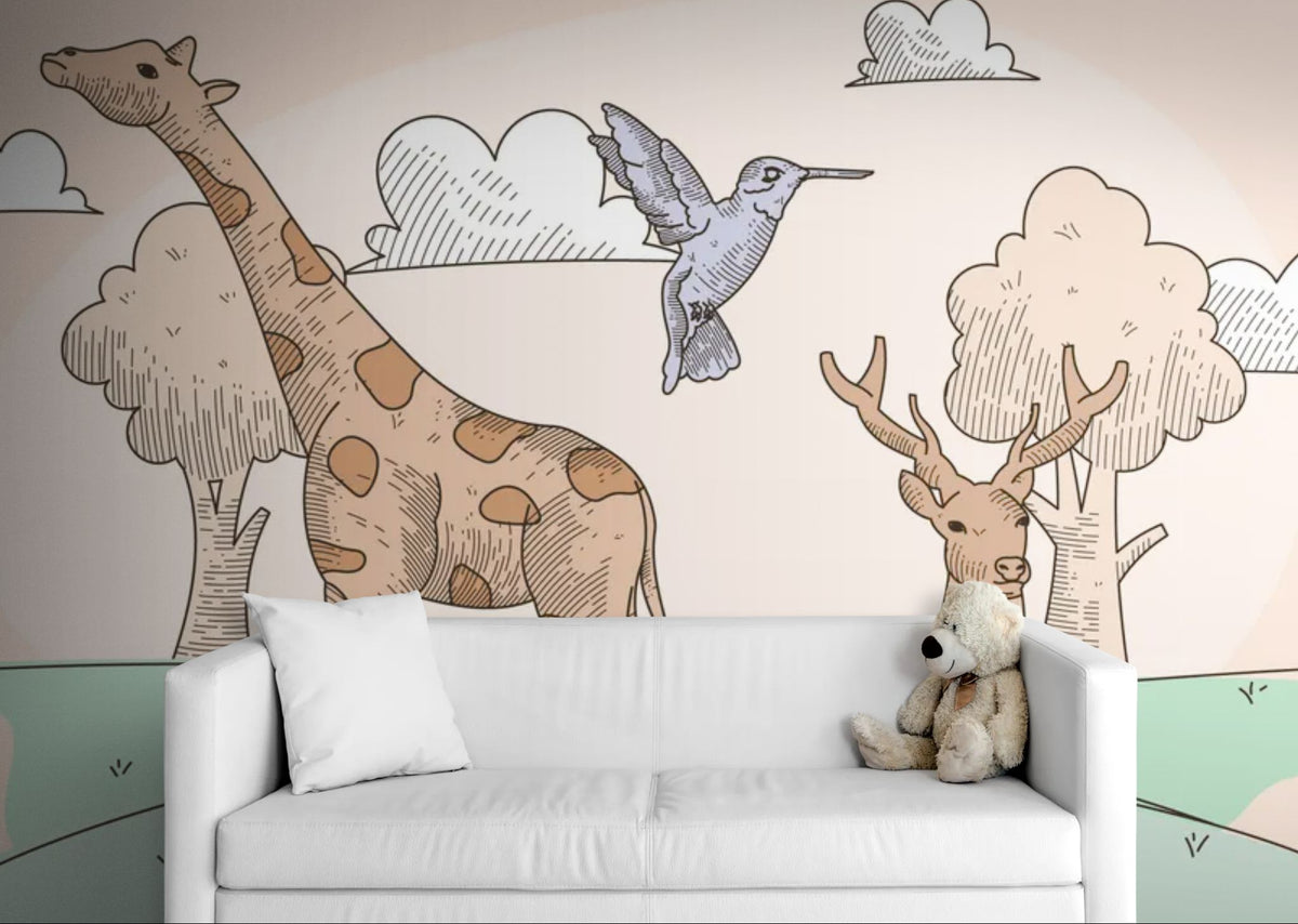 Papier peint animaux - Girafe et cerf