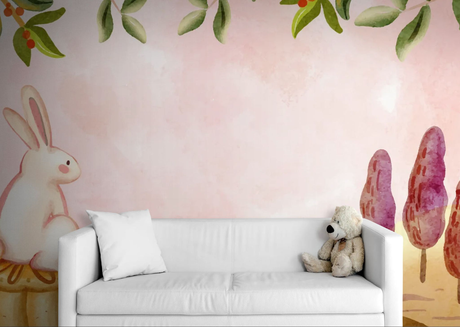 Papier peint Douceur – Lapin blanc assis paysage aquarelle