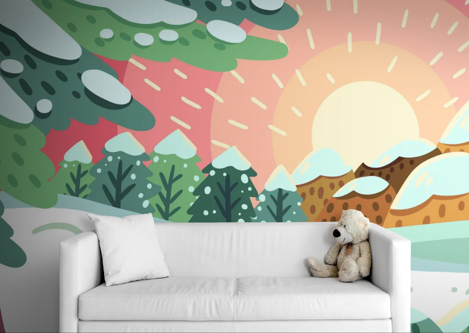 Papier peint Enfant – Paysage hivernal soleil et traces pas