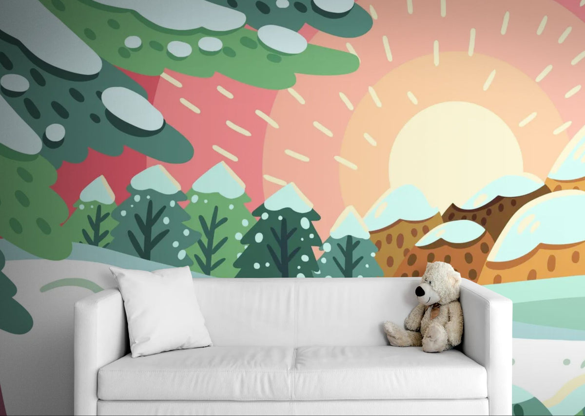 Papier peint enfant - Paysage hivernal, soleil et traces de pas