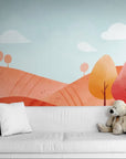 Papier peint Enfant – Paysage vallonné arbres rouges aquarelle
