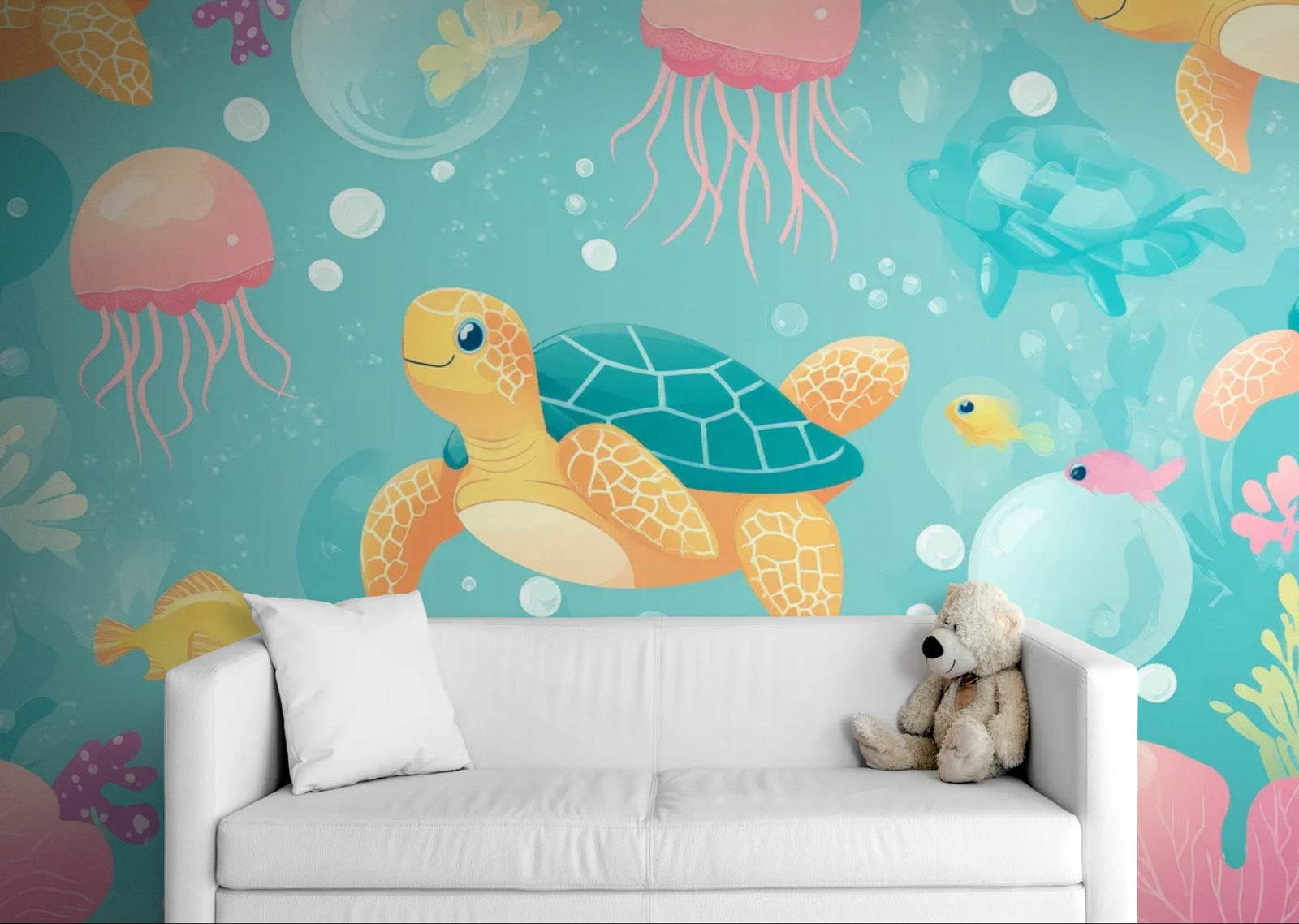 Patterned wallpaper – Turtles and jellyfish on a blue background