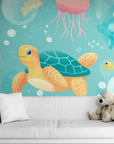 Patterned wallpaper – Turtles and jellyfish on a blue background
