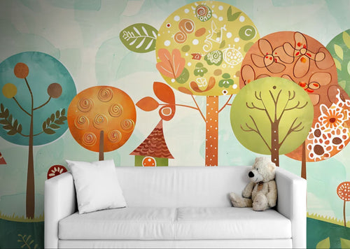 Papier peint Illustration – Arbres ronds colorés et maisonnettes