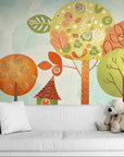 Papier peint Illustration – Arbres ronds colorés et maisonnettes