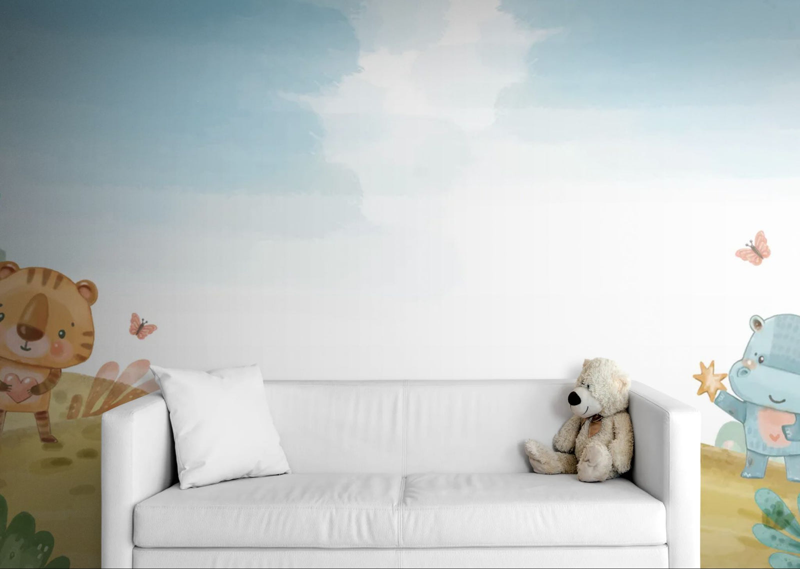 Children's Wallpaper – Tiger and Hippopotamus Watercolor Landscape