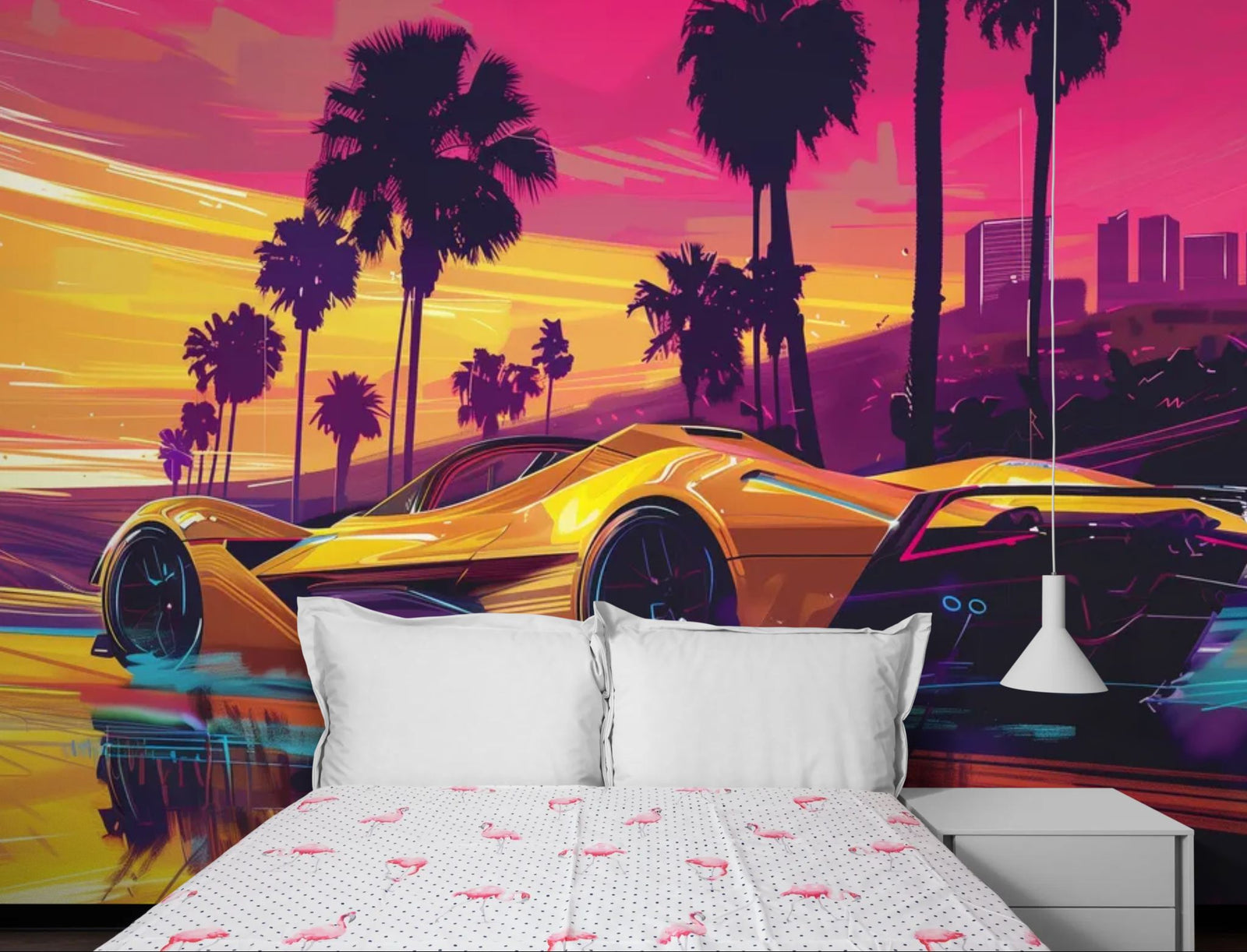 Papier Peint Rétro - Supercar Sunset Néon