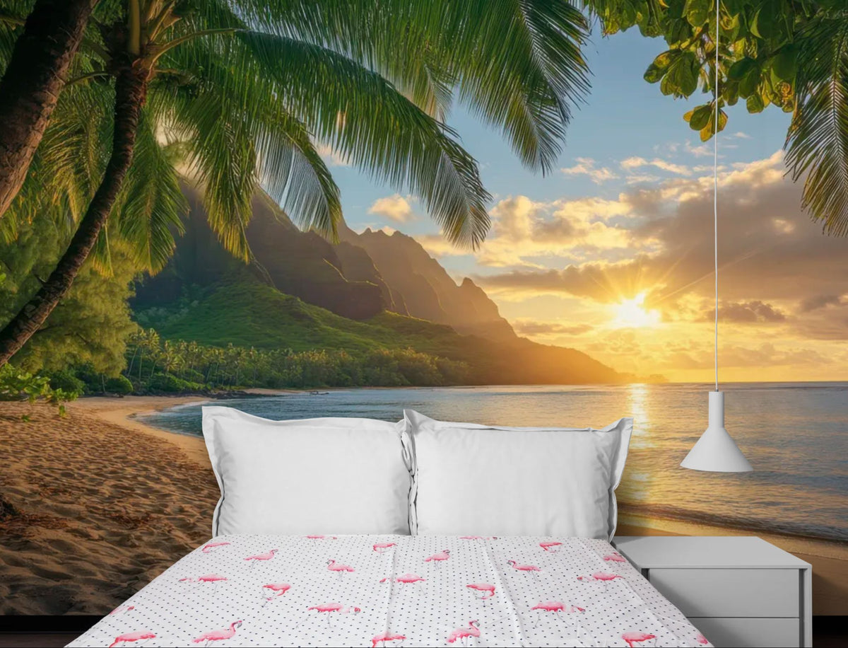 Papier peint plage - Plage hawaïenne avec palmiers