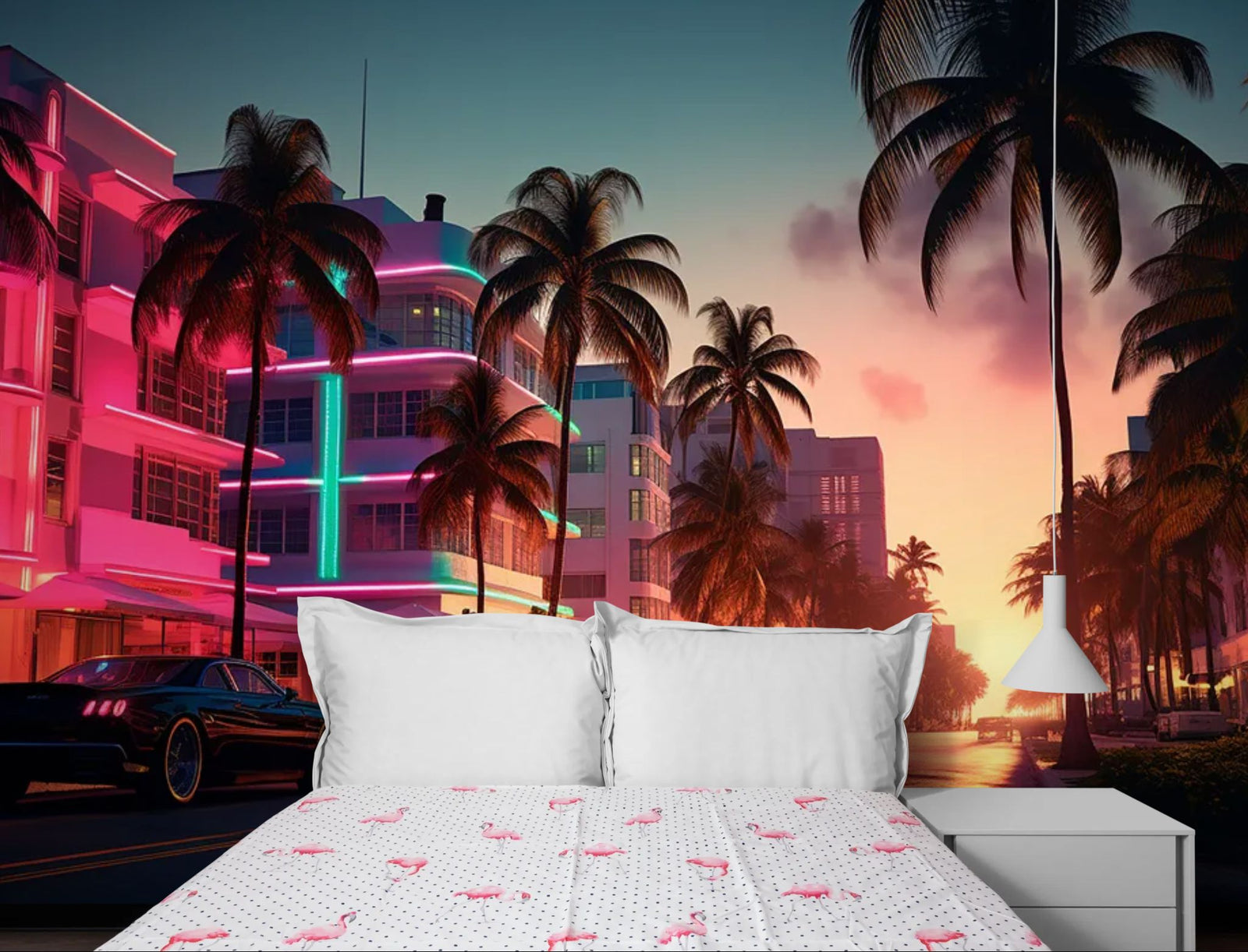 Papier Peint Miami Sunset - Ocean Drive Rétro Néon