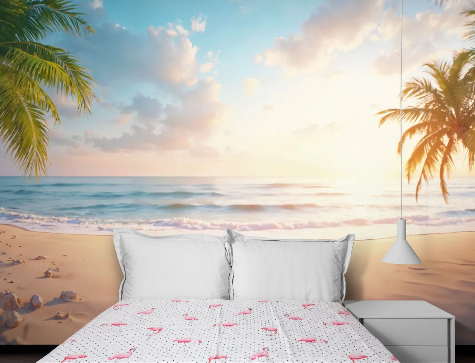 Papier Peint Plage - Aube Sable Blanc & Cocotiers