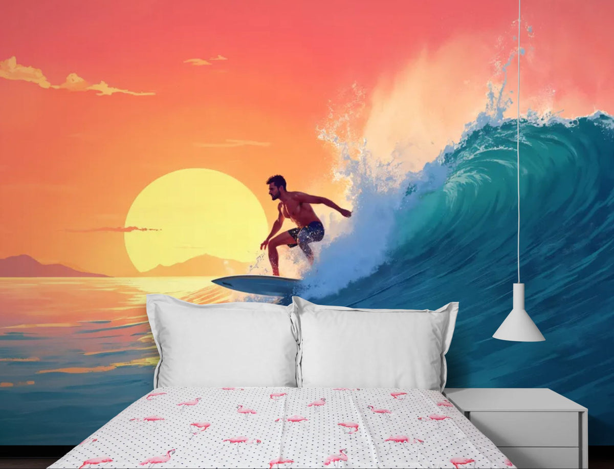 Surf-Tapete - Surfer auf einer Welle bei Sonnenuntergang