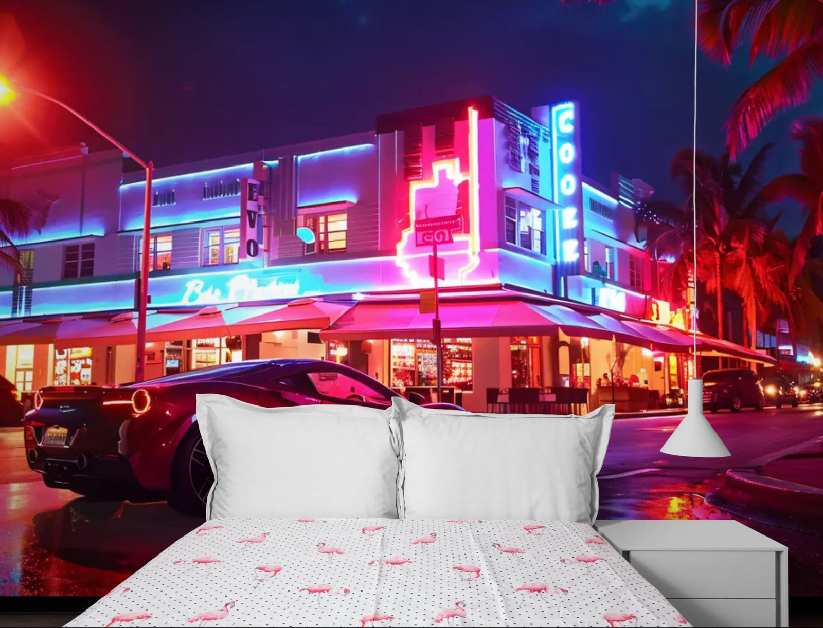 Papier Peint Miami - Supercar Néon Art Deco