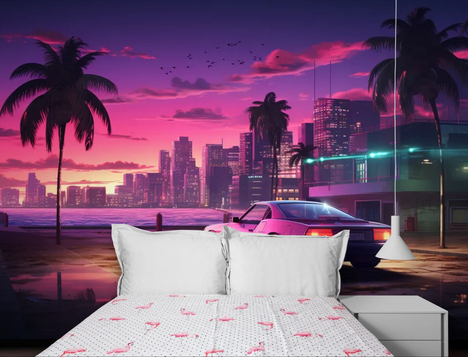 Papier Peint Ville Rétro - Voiture Néon Bord de Mer