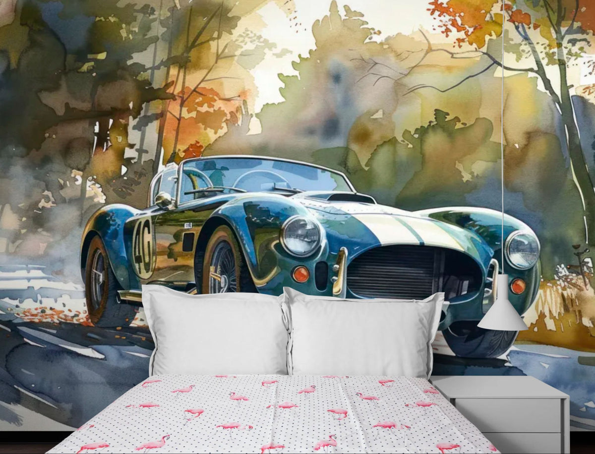 Papier peint voiture - Cabriolet bleu en forêt