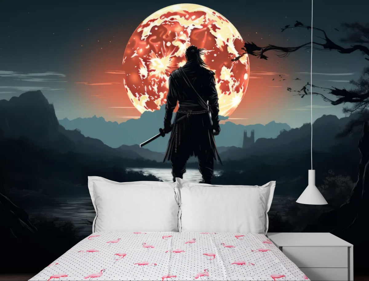 Papier peint samouraï - Guerrier face à la lune rouge