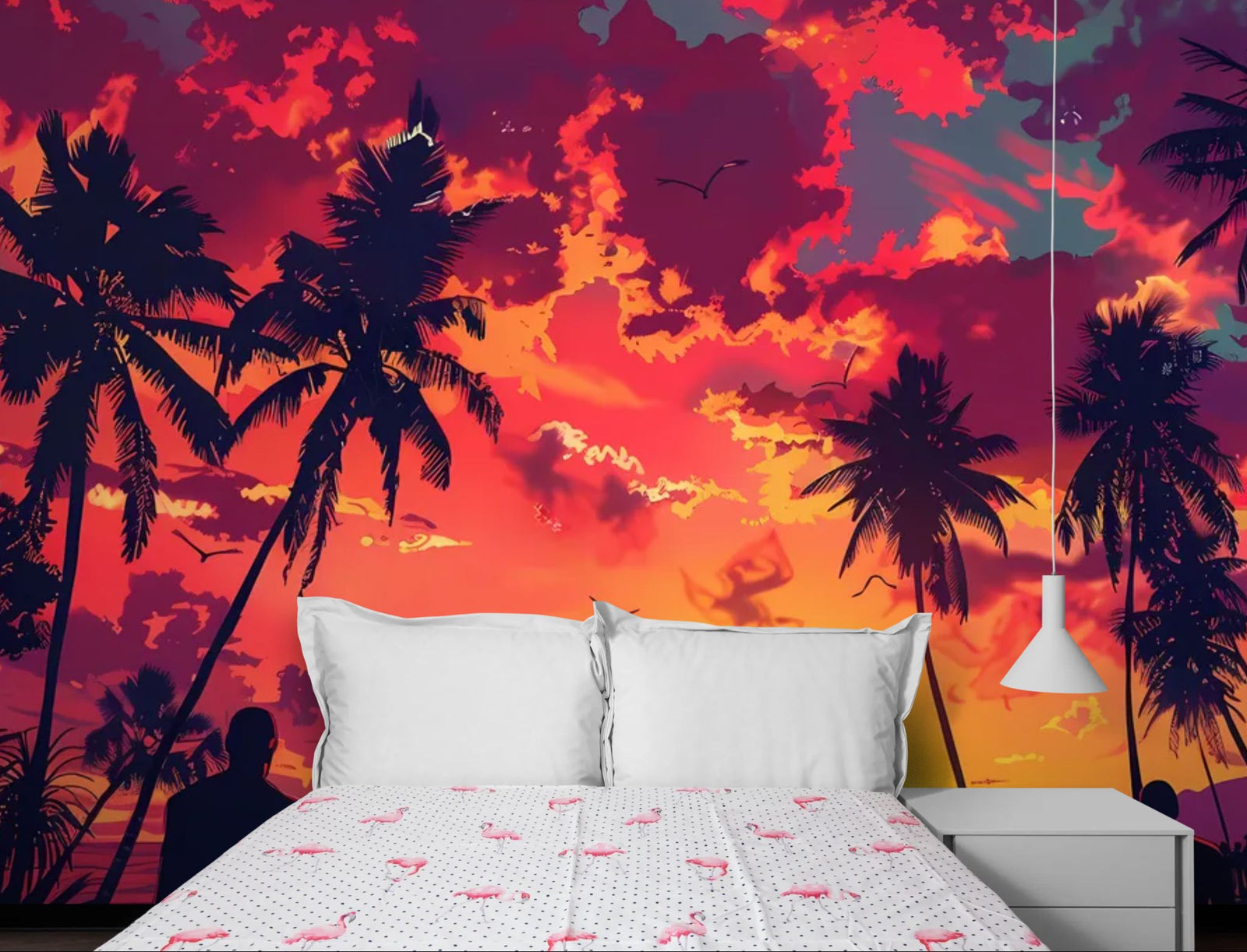 Papier Peint Pop Art Tropical - Sunset Palmiers Silhouettes