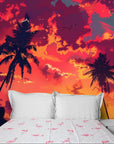 Papier Peint Pop Art Tropical - Sunset Palmiers Silhouettes