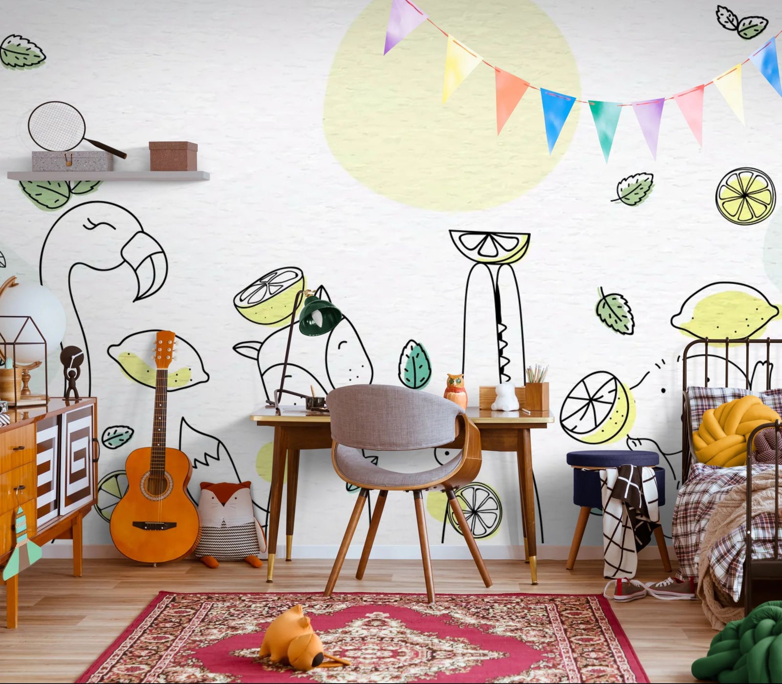 Papier peint Enfant – Animaux dessinés et citrons frais